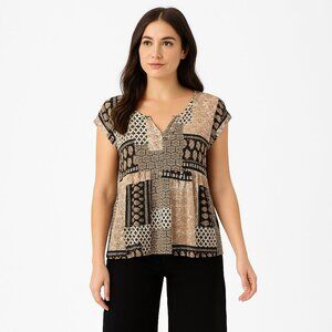 Lucky Brand Boho Patchwork Blouse Top Shirt Medium Earthy Neutral Beige NWT